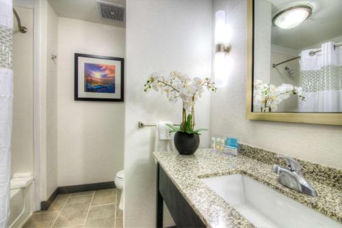 ein Badezimmer mit einem Waschbecken, einem WC und einer Vase aus Blumen in der Unterkunft Hampton Inn Houston I-10 East, TX in Houston