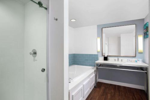 a bathroom with a tub and a sink and a mirror at Hilton Garden Inn Mobile Downtown in Mobile
