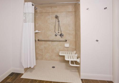La salle de bains est pourvue d'une douche avec rideau de douche. dans l'établissement Hampton Inn Minneapolis-Roseville,MN, à Roseville