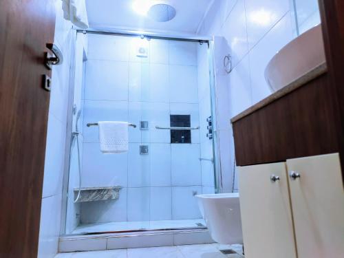 a bathroom with a shower and a toilet and a sink at DALOBI HOTEL AND SUITES 