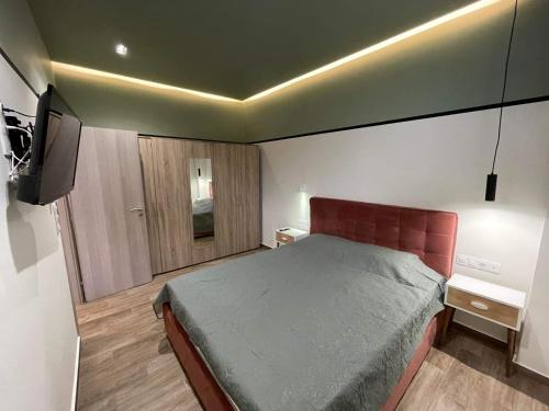 a bedroom with a bed and a flat screen tv at Salamina's apartments in Salamina
