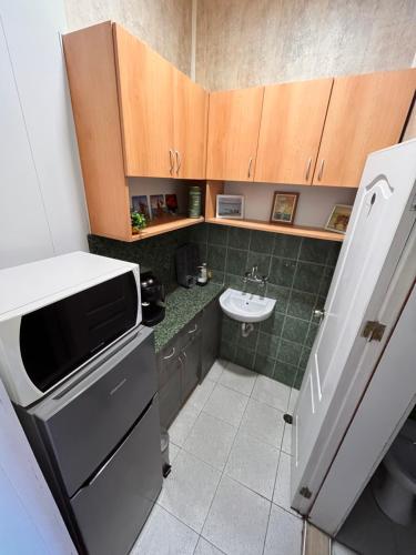 a small bathroom with a sink and a microwave at Varna Cathedral Apartments in Varna City