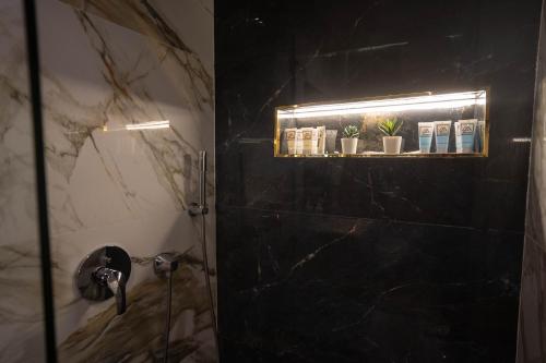 a bathroom with a shower with a black wall at Great Pyramid Inn in Cairo