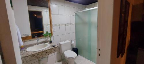 a bathroom with a toilet and a sink and a mirror at Green Flat in Florianópolis