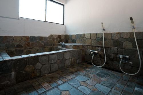 a stone bathroom with a shower and a sink at Pension FOLKLORE in Suginosawa