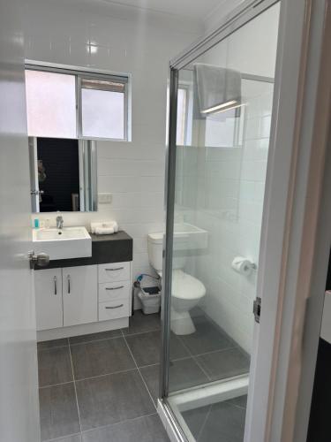 a bathroom with a toilet and a sink and a shower at Blue Violet Motor Inn in Toowoomba