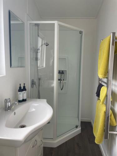 a bathroom with a white sink and a shower at Pickmere Waters in Kerikeri