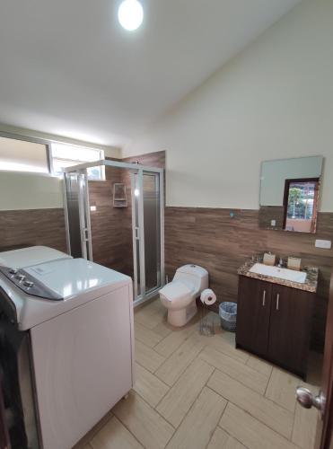 a bathroom with a toilet and a sink and a shower at Apartamento "ROOFTOP view 360" in Baños