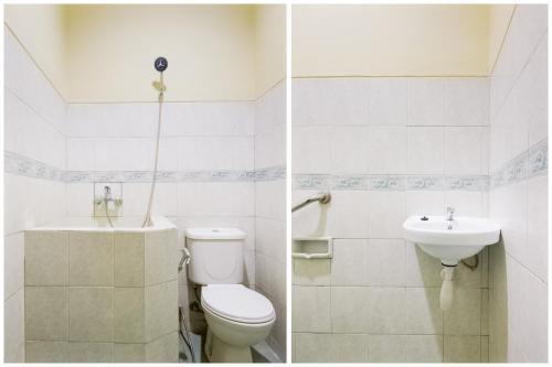 - deux photos d'une salle de bains avec toilettes et lavabo dans l'établissement SUPER OYO 3335 Wisma Langen Werdhasih, à Semarang
