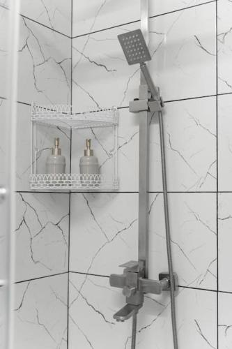 a shower with two bottles on a wall at RentWill apartments Diplomat in Chişinău
