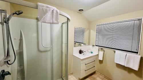 ein Bad mit einer Dusche, einem Waschbecken und einer Duschkabine aus Glas in der Unterkunft Home Away From Home in Napier