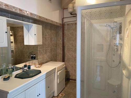 une salle de bain avec un lavabo et une douche dans l'établissement appartement avec piscine, à Arpaillargues-et-Aureillac