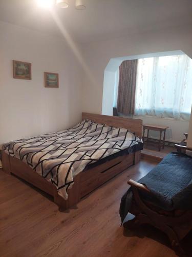 una camera da letto con un letto, una finestra e una sedia di Apartament Georgian a Băile Tuşnad