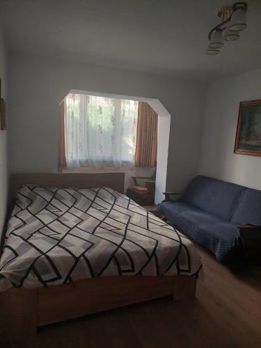 una camera da letto con un letto e un divano blu di Apartament Georgian a Băile Tuşnad