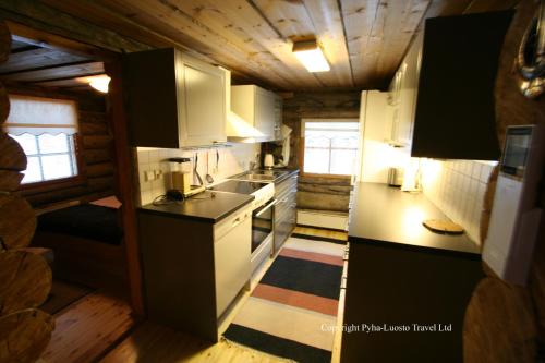 ルオストにあるLog House Siestaの白い家電製品が備わるログキャビン内のキッチン