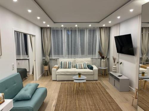 a living room with a couch and a tv at Welcome on Board in Nürnberg