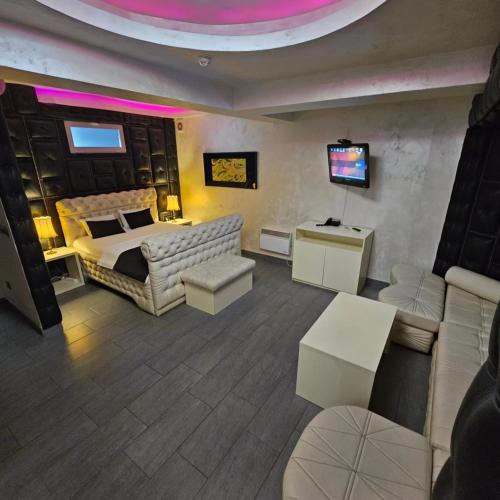 a living room with a bed and a tv at Olympic Wellness & Spa Apartments in Belgrade