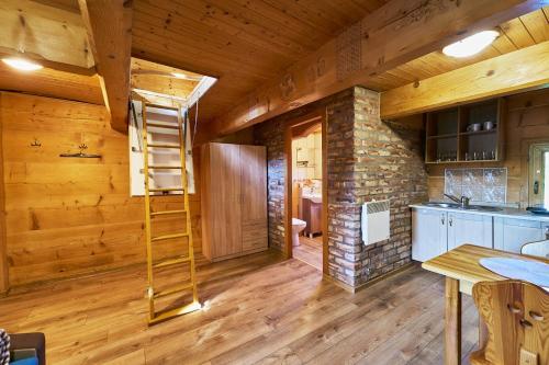 a kitchen with wooden walls and wooden floors and a ladder at Marel - apartments Domek Kołodziejówka Polanica Zdrój in Polanica-Zdrój