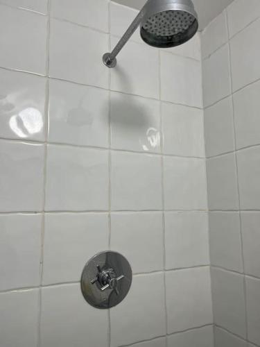 a white tiled shower with a shower head at Kylemore Lakeview Retreat in Blessington