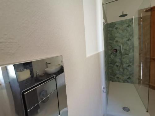 a bathroom with a shower with a sink and a sink at Santa Luria Casa dolce Casa in Santa Luria