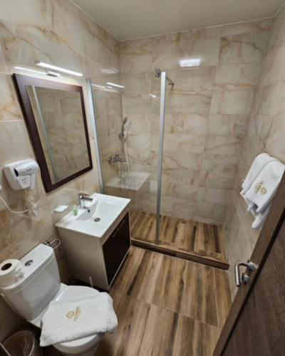 a bathroom with a toilet and a sink and a shower at Olympic Wellness & Spa Apartments in Belgrade