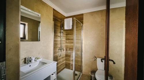 a bathroom with a shower and a toilet and a sink at PENSIUNE-RESTAURANT Palace in Cărpinet