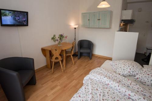 sypialnia z łóżkiem, stołem i telewizorem w obiekcie Résidence Plaisance w mieście Gérardmer