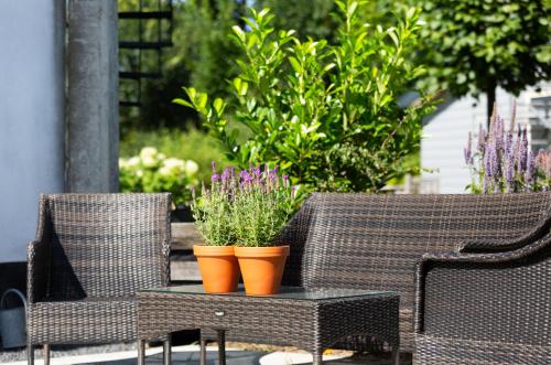 two chairs and a table with two plants on it at Boerenhofstede de Overhorn in Weesp