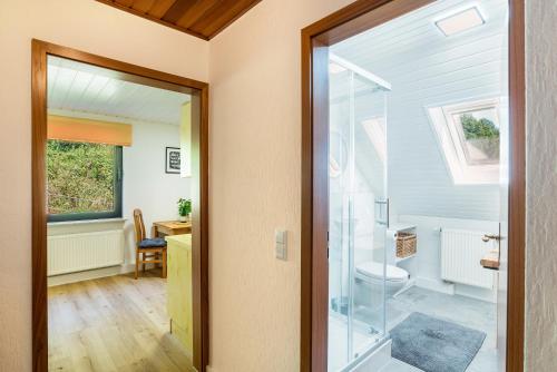 a bathroom with a toilet and a glass door at Ferienwohnung Zur frischen Quelle in EuÃŸerthal