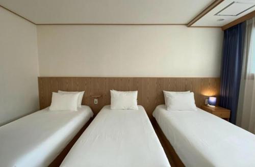 two beds in a small room at Soldongsan Stay in Seogwipo