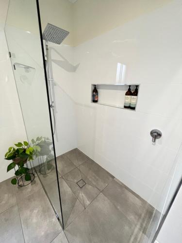 eine Duschkabine mit einer Glastür im Bad in der Unterkunft Piper Apartment in Bathurst
