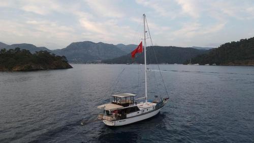 una barca con bandiera rossa sull'acqua di emir timur a Ortaca