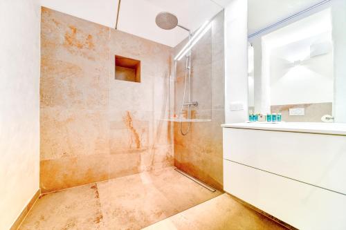 a bathroom with a shower and a sink at Smile Apartments "Lesehof" in Krems an der Donau