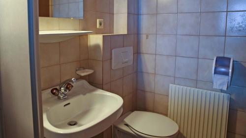 a small bathroom with a sink and a toilet at Gasthof Pension Madseiterhof in Tux