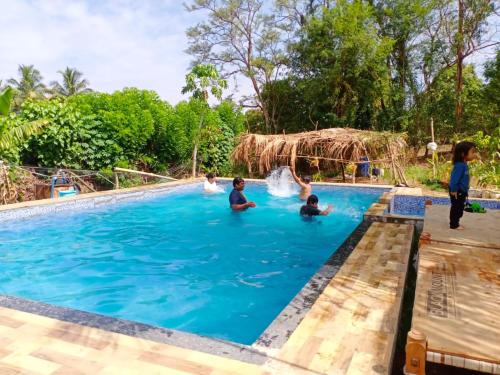 a group of children playing in the water in a swimming pool at Shrushtiban farms in Dhamni