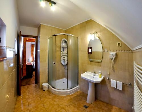 a bathroom with a shower and a sink at Pensiunea Sub Cetate Deva in Deva