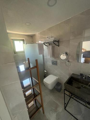 a small bathroom with a toilet and a sink at Gala Otel Edirne in Edirne