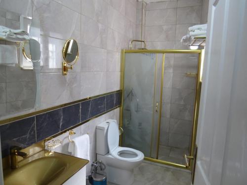 a bathroom with a shower and a toilet and a sink at Fetih Suite Home A3 in Istanbul