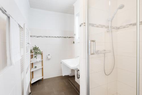 ein weißes Bad mit einer Dusche und einem Waschbecken in der Unterkunft Belvedere Ostseebrise in Grömitz