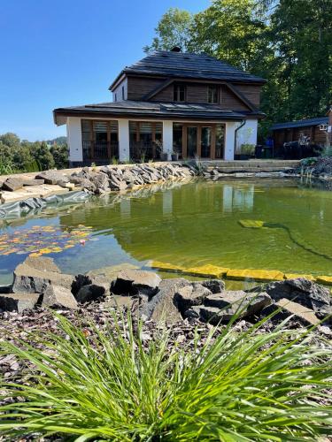a house with a pond in front of it at Vila Máchovka in Nová Paka