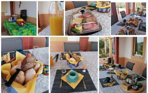 eine Collage mit Bildern eines Tisches mit Speisen und Getränken in der Unterkunft B&B Casa Flamenga in Alte