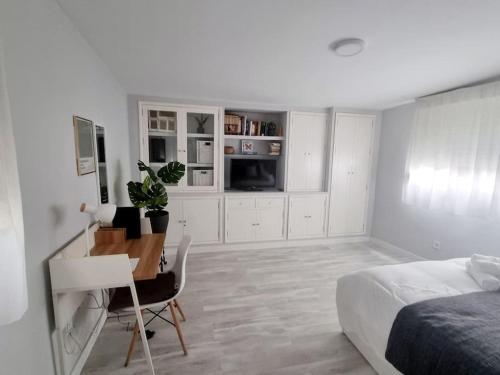 1 dormitorio con escritorio, 1 cama, 1 cama, escritorio y silla en Increíble Apartamento de lujo en Triana, en Sevilla