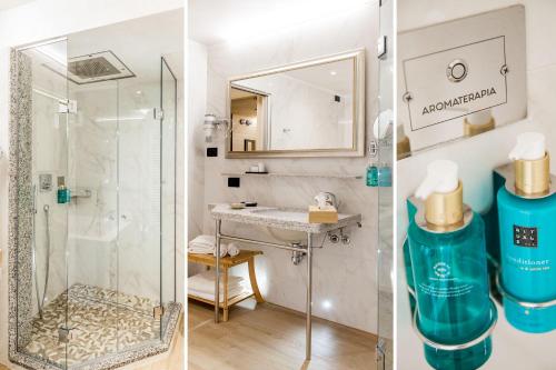 two pictures of a bathroom with a shower and a sink at Hotel Torino Wellness & Spa in Diano Marina