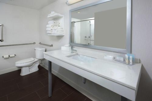 een badkamer met een wastafel, een toilet en een spiegel bij Hampton Inn High Point in Archdale