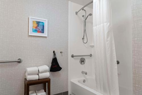 a bathroom with a tub and a shower with a shower curtain at Hampton Inn & Suites Newport News-Airport - Oyster Point Area in Newport News