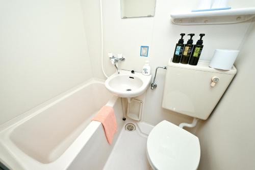 a white bathroom with a toilet and a sink at 栂池高原　丘の上ホテル in Otari