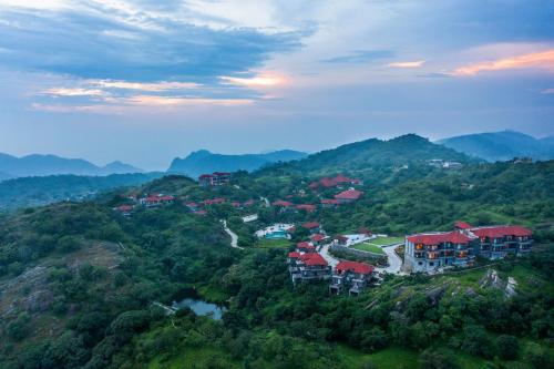 an aerial view of a village on a mountain at Mahua Bagh Resort Kumbhalgarh in Kumbhalgarh