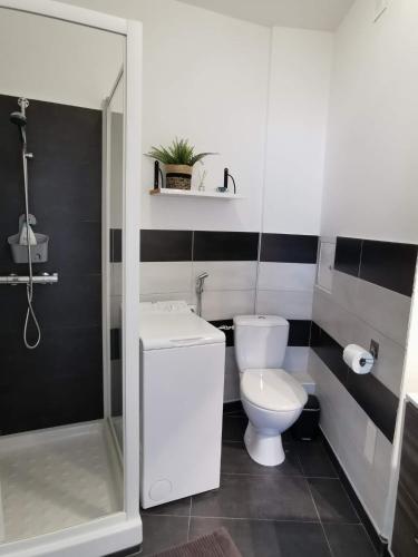 une salle de bain blanche avec toilettes et douche dans l'établissement menton superbe appartement, à Menton