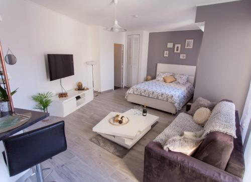 un salon avec un lit et un canapé dans l'établissement menton superbe appartement, à Menton