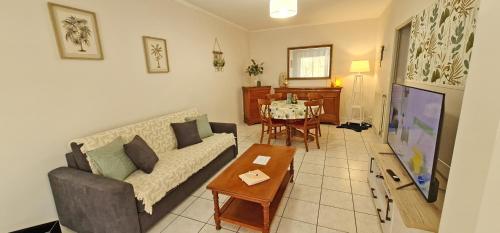 a living room with a couch and a table at T2 55m² tout confort avec jardin. Cuisine et équipements neufs. Wifi TV parking in Balma